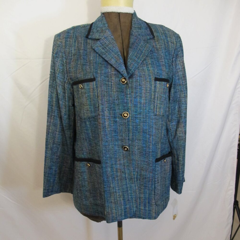 Brownstone Studio silk-blend blue plaid blazer with black trim –18P NEW